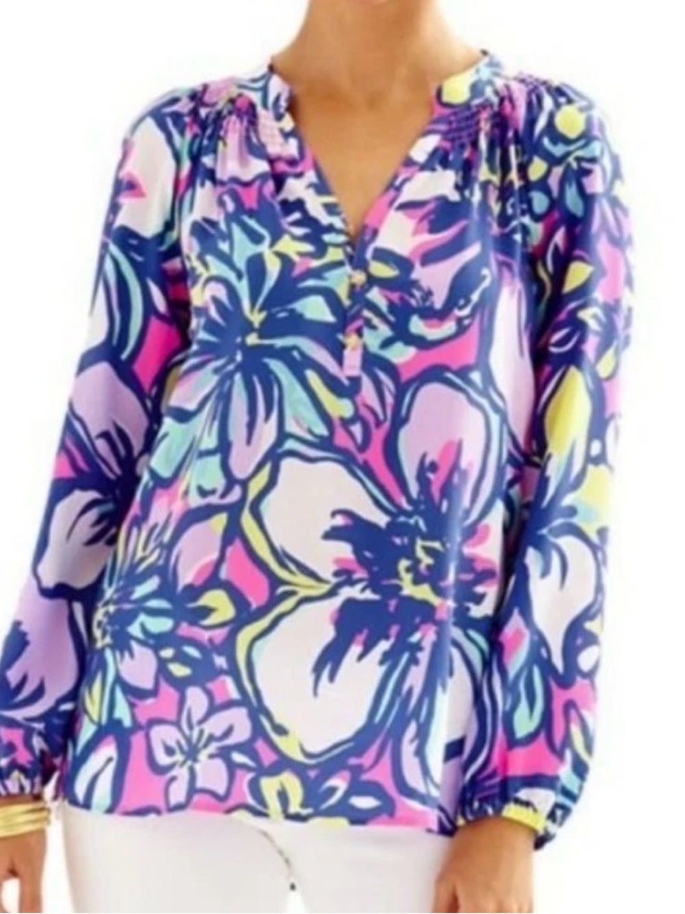 Lilly Pulitzer Elsa Silk Top with Tropical Print in Pink, Purple & Yellow